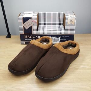 HAGGER Mens Clog Slippers Size 11 - 12 Brown Microsuede Fleece Lined Comfort